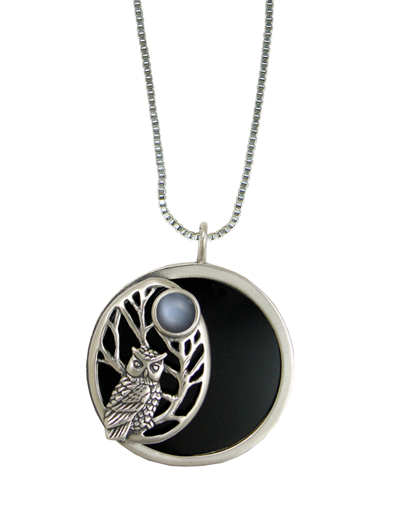Sterling Silver Black Onyx Disc Wise Owl Pendant Necklace With Grey Moonstone